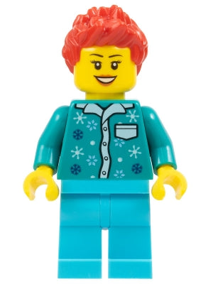 Preowned LEGO® Minifigure – FIRST LEGO League fst036 Woman - Dark Turquoise Snowflake Blouse, Medium Azure Legs, Red Spiked H