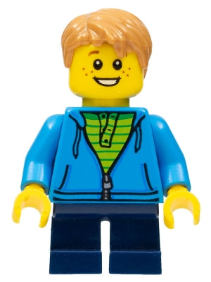 Preowned LEGO® Minifigure – LEGO® Brand gen112 Boy Dark Azure Hoodie w/Green Striped Shirt