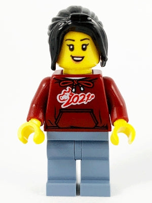 Preowned LEGO® Minifigure – Holiday & Event hol229 Woman Dark Red 2021 Shirt Sand Blue Legs