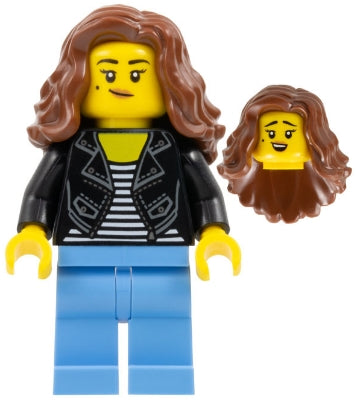 Preowned LEGO® Minifigure – Holiday & Event hol336 Woman - Black Jacket over Striped Shirt, Medium Blue Legs, Reddish Brown L