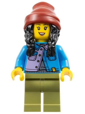 Preowned LEGO® Minifigure – Holiday & Event hol347 Woman - Dark Azure Jacket over Silver Shirt, Olive Green Legs, Black Hair,