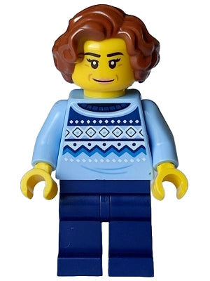 Preowned LEGO® Minifigure – Holiday & Event hol350 Woman - Bright Light Blue Knit Fair Isle Sweater, Dark Blue Legs, Reddish 