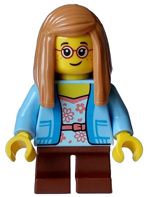 Preowned LEGO® Minifigure – Holiday & Event hol352 Child - Girl, Bright Light Blue Jacket over White Shirt with Coral Flowers