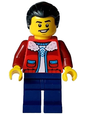 Preowned LEGO® Minifigure – Holiday & Event hol354 Man - Red Jacket with White Fleece Collar, Dark Blue Legs, Black Hair Pony