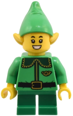 Preowned LEGO® Minifigure – Holiday & Event hol363 Elf - Dark Green Collar and Gold Horn, Open Mouth Smile