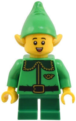 Preowned LEGO® Minifigure – Holiday & Event hol364 Elf - Dark Green Collar and Gold Horn, Open Mouth Smile with Freckles