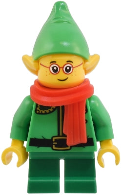 Preowned LEGO® Minifigure – Holiday & Event hol366 Elf - Dark Green Collar and Gold Horn, Red Scarf, Glasses