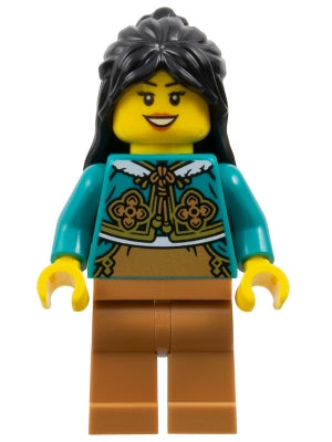 Preowned LEGO® Minifigure – Holiday & Event hol373 Woman, Black Long Hair, Dark Turquoise Cheongsam Bolero Shrug, Medium Noug