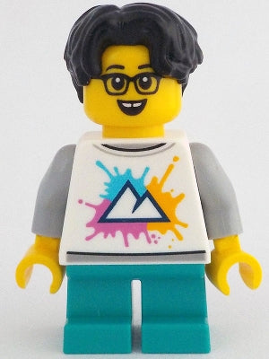 Preowned LEGO® Minifigure – LEGO Ideas (CUUSOO) idea207 Child - Boy, White Shirt with Mountains Logo, Dark Turquoise Short Le