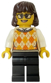 Preowned LEGO® Minifigure – LEGO Ideas (CUUSOO) idea215 Woman - Tan Knit Argyle Sweater Vest, Black Legs, Dark Brown Hair, Gl