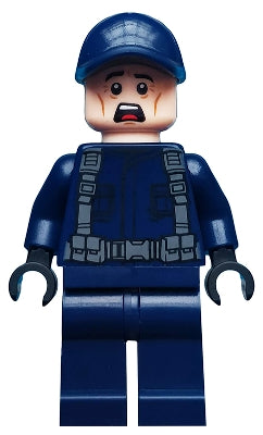 Preowned LEGO® Minifigure – Jurassic World jw040 ACU Guard Male Dark Blue Cap Light Nougat