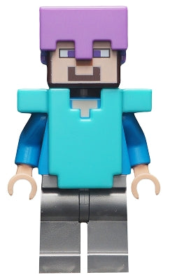 Preowned LEGO® Minifigure – Minecraft min060 Steve Flat Silver Legs Medium Lavender Helmet