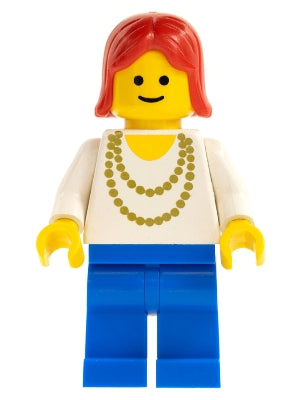 LEGO® Minifigure Town ncklc010 Necklace Gold Blue Legs Red Female Hair