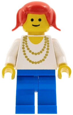 LEGO® Minifigure Town ncklc011 Necklace Gold Blue Legs Red Pigtails Hair