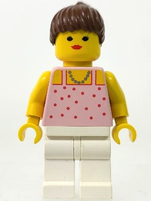 Preowned LEGO® Minifigure – Town par016a Red Dots on Pink Shirt - White Legs, Brown Ponytail Hair, Closed Mouth
