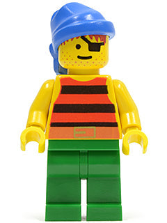 Preowned LEGO® Minifigure – Pirates pi029 Pirate Red/Black Stripes Shirt Green Legs Blue Ba