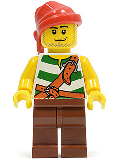 Preowned LEGO® Minifigure – Pirates pi134 Pirate Green/White Stripes Reddish Brown Legs Red