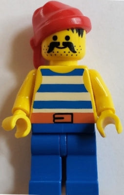 Preowned LEGO® Minifigure – Pirates pi198 Pirate Blue / White Stripes Shirt, Blue Legs, Red Bandana, Belt with Black Buckl