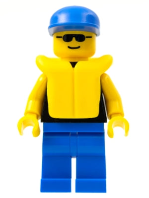 LEGO® Minifigure Town pln097 Plain Black Torso with Yellow Arms, Blue Legs, Sunglasses, Blue Cap, Life Jacket