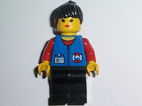 LEGO® Minifigure Town res010 Coast Guard City Center - Red Collar & Arms, Black Legs, Black Ponytail Hair