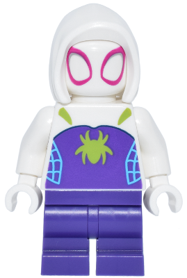 Preowned LEGO® Minifigure – Super Heroes sh1024 (Ghost-Spider (Gwen Stacy) - Dark Purple Medium Legs, White Basic Smooth Hood