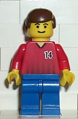 Preowned LEGO® Minifigure – Sports soc069 Soccer Player Red and Blue Team w/Number 14