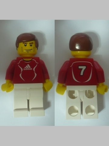 Preowned LEGO® Minifigure – Sports soc120s Soccer Player Red Adidas Logo Red and White Tors