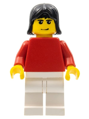 Preowned LEGO® Minifigure – Sports soc121 Plain Red Torso w/Red Arms White Legs Black Femal