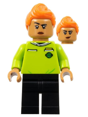 Preowned LEGO® Minifigure – Sports soc159 Soccer Referee Orange Hair Lime Jersey Black Legs