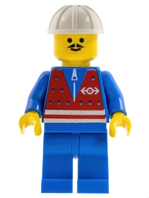 LEGO® Minifigure Train trn054 Red Vest and Zipper - Blue Legs, White Construction Helmet, Moustache