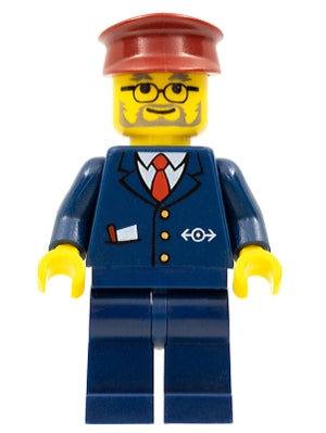 LEGO® Minifigure Train trn123 Dark Blue Suit with Train Logo, Dark Blue Legs, Dark Red Hat - Conductor