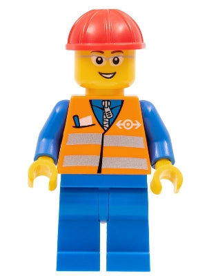 LEGO® Minifigure Train trn226 Orange Vest with Safety Stripes - Blue Legs, Gray Frame Glasses, Red Construction Helmet