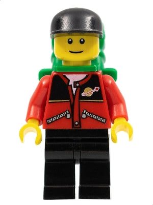 LEGO® Minifigure Town twn026 Red Jacket with Zipper Pockets and Classic Space Logo, Black Legs, Black Cap, Green Backpack with Sleeping Bag