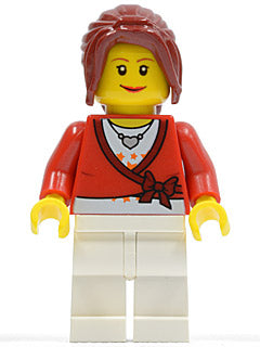 LEGO® Minifigure Town twn117 Sweater Cropped with Bow, Heart Necklace, White Legs, Dark Red Hair Ponytail Long with Side Bangs