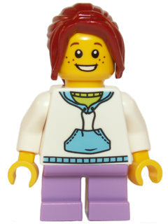 LEGO® Minifigure Town twn209 Child - Girl, White Hoodie with Medium Blue Pocket, Medium Lavender Short Legs, Dark Red Ponytail, Freckles