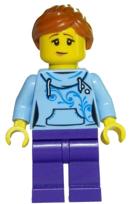 LEGO® Minifigure Town twn325 Roller Coaster Rider - Female, Bright Light Blue Hoodie, Dark Purple Legs, Dark Orange Ponytail