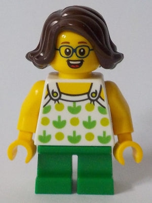 LEGO® Minifigure Town twn370 Child - Girl, White Halter Top with Green Apples and Lime Spots, Green Short Legs, Dark Brown Hair, Glasses