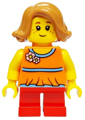 LEGO® Minifigure Town twn376b Child - Girl, Orange Halter Top with Flowers and Low Back, Red Short Legs, Medium Nougat Hair, Freckles