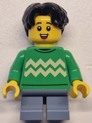 Preowned LEGO® Minifigure – Town twn499 Child - Boy, Bright Green Sweater with Bright Light Yellow Zigzag Lines, Sand Bl