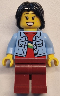 Preowned LEGO® Minifigure – Town twn500 Woman - Bright Light Blue Denim Jacket, Dark Red Legs, Black Mid-Length Tousled