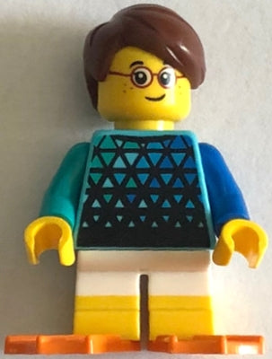 Preowned LEGO® Minifigure – Town twn501 Child - Boy, Medium Azure Top with Triangles, White Short Legs with Yellow Feet,