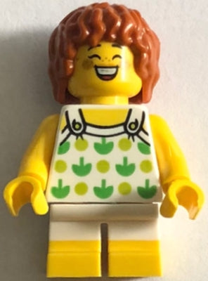 Preowned LEGO® Minifigure – Town twn502 Child - Girl, White Halter Top with Green Apples and Lime Spots, White Short Leg