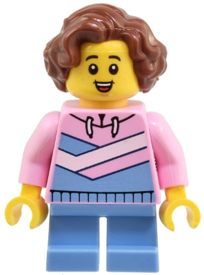 Preowned LEGO® Minifigure – Town twn504 Child - Girl, Bright Pink Hoodie with Medium Blue and White Diagonal Stripes, Me