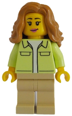 Preowned LEGO® Minifigure – Town twn506 Modern House Resident - Female, Yellowish Green Jacket over White Shirt, Tan Leg
