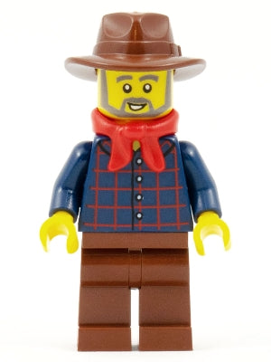 LEGO® Minifigure Western ww025 Gold Prospector - Male, Dark Blue Plaid Button Shirt, Reddish Brown Legs, Reddish Brown Fedora Hat, Red Bandana, B