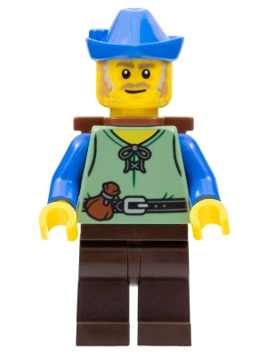 Preowned LEGO® Minifigure – Castle cas579 Peasant Male Dark Brown Legs Blue Hat D-Basket